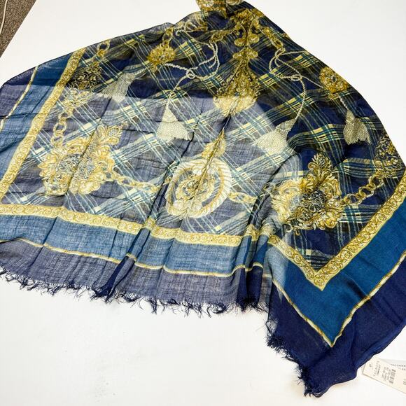 NWT Talbots Blue Gold Plaid Jewels Chiffon Scarf Silk Cashmere Wool - OS - Picture 2 of 6